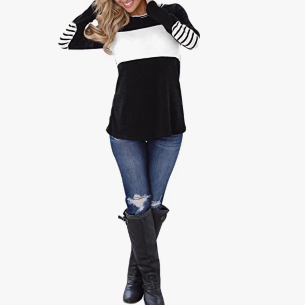 Long Sleeve Crew Neck Color Block Shirt, Black and White, Size Small, NWT